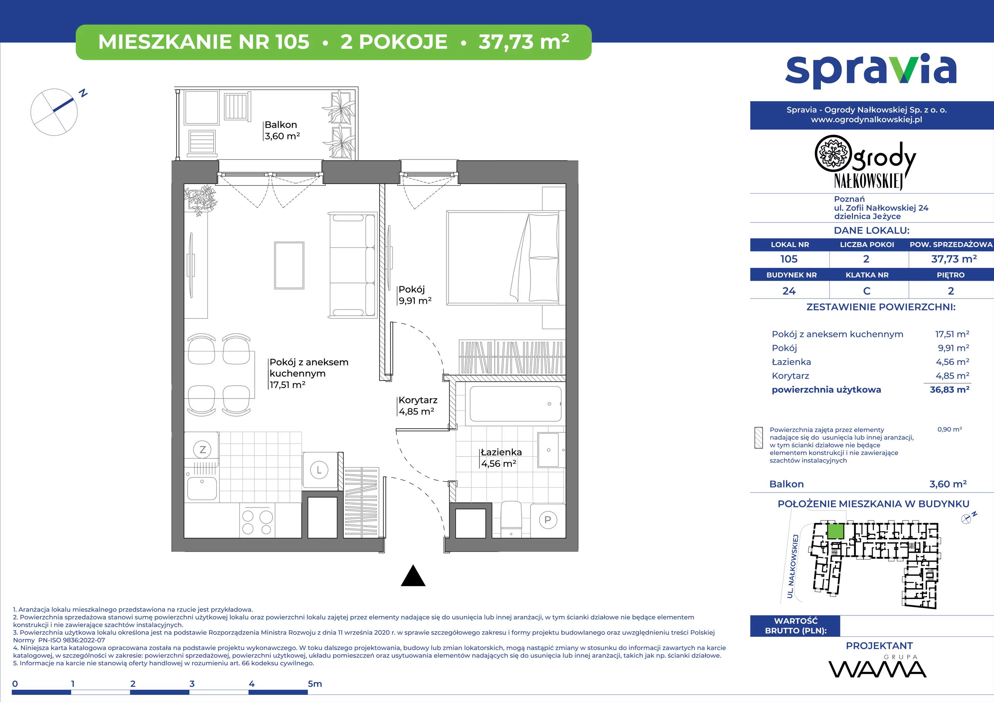 2 pokoje, mieszkanie 37,73 m², piętro 2, oferta nr 24-105, Ogrody Nałkowskiej, Poznań, Ogrody, ul. Nałkowskiej 24, 26